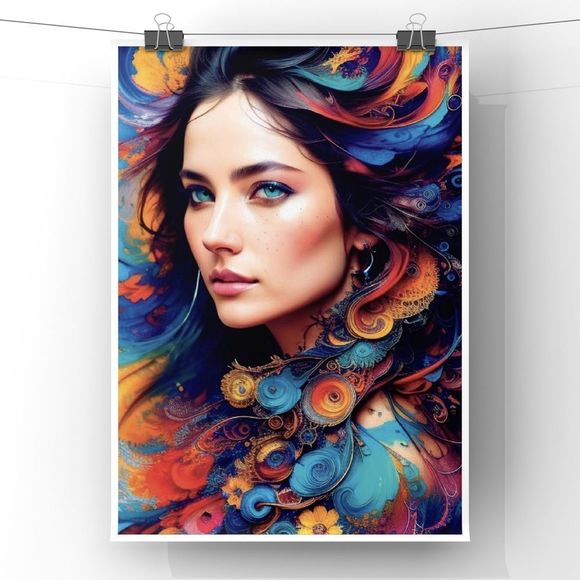 Modern wall art print of girl portrait with abstract print in different colors - Picture 2 of 4